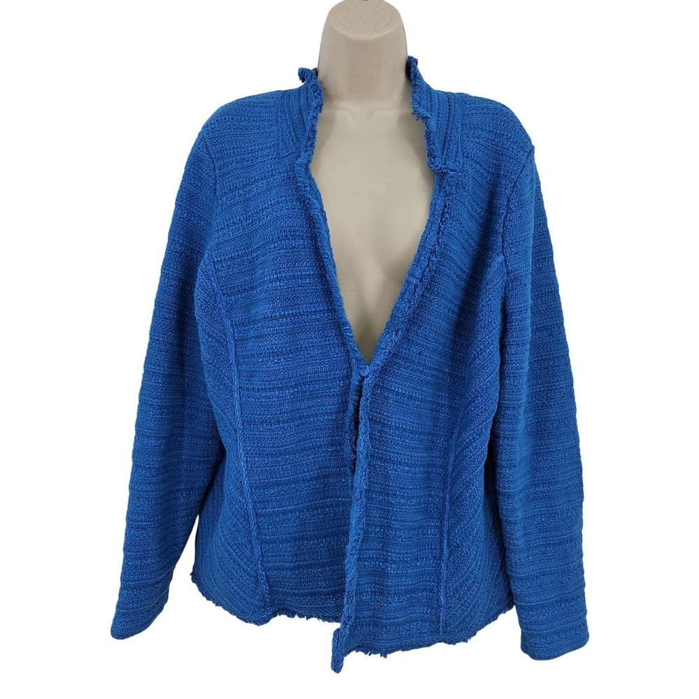 Chico's Cardigan Sweater Women 2 L Blue Mock Neck Open Textured Chunky Knit Cozy